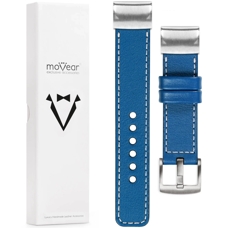 moVear Prestige C1 Leather strap for Garmin QuickFit 26mm (Fenix / Epix / Quatix / Tactix / Enduro - 51mm) Blue, Blue stitching [sizes XS-XXL and buckle to choose from]