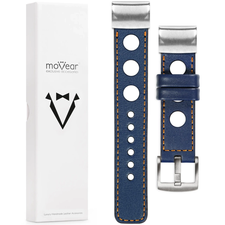 moVear Prestige R1 Leather strap for Garmin QuickFit 26mm (Fenix / Epix / Quatix / Tactix / Enduro - 51mm) Navy blue, Navy blue stitching [sizes XS-XXL and buckle to choose from]
