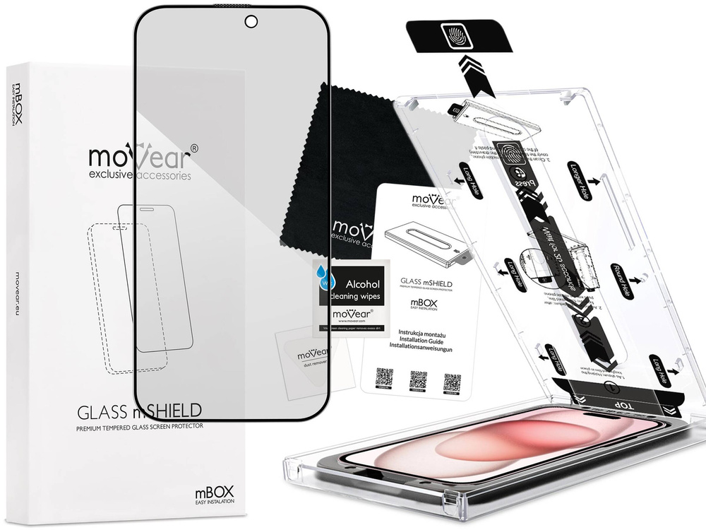 moVear mBOX GLASS mSHIELD 2.5D MAX privacy for Apple iPhone 16 / 15 (6,1") (Anti spy, with Applicator)