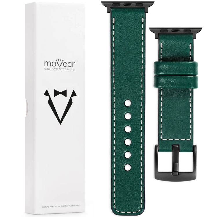 moVear Prestige C1 22mm Bottle green Leather strap for Apple Watch 10 / 9 / 8 / 7 / 6 / 5 / 4 / SE (46/45/44mm) & Ultra (49mm) | Bottle green stitching [sizes XS-XXL and buckle to choose from]