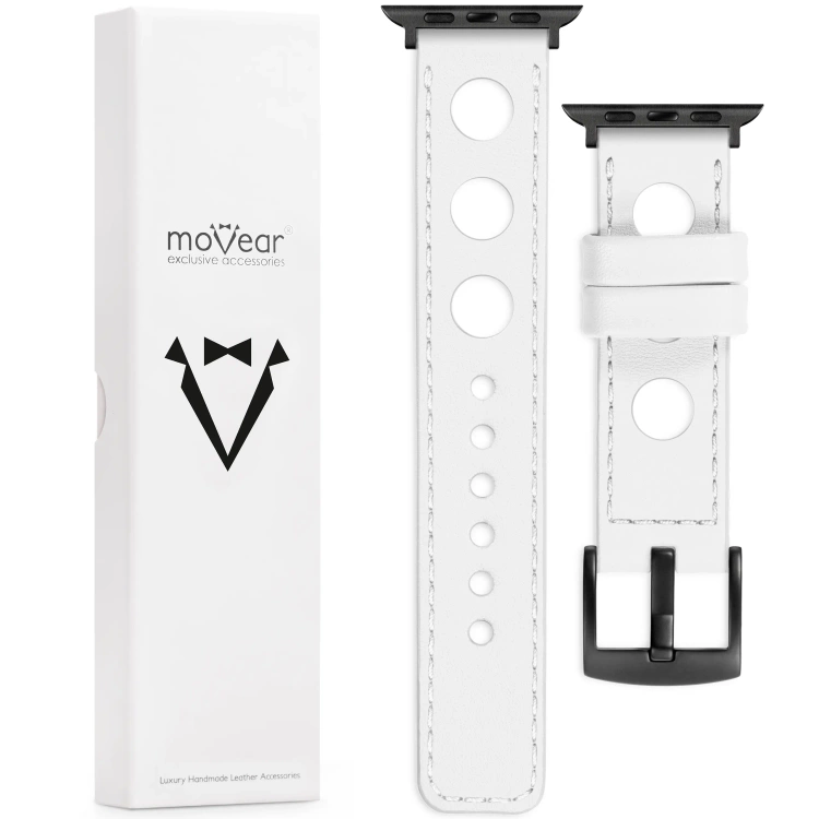 moVear Prestige R1 22mm Weiß Lederarmband für Apple Watch 10 / 9 / 8 / 7 / 6 / 5 / 4 / SE (46/45/44mm) & Ultra (49mm) | Weiß Nähte [Größen XS-XXL und Schnalle zur Auswahl]