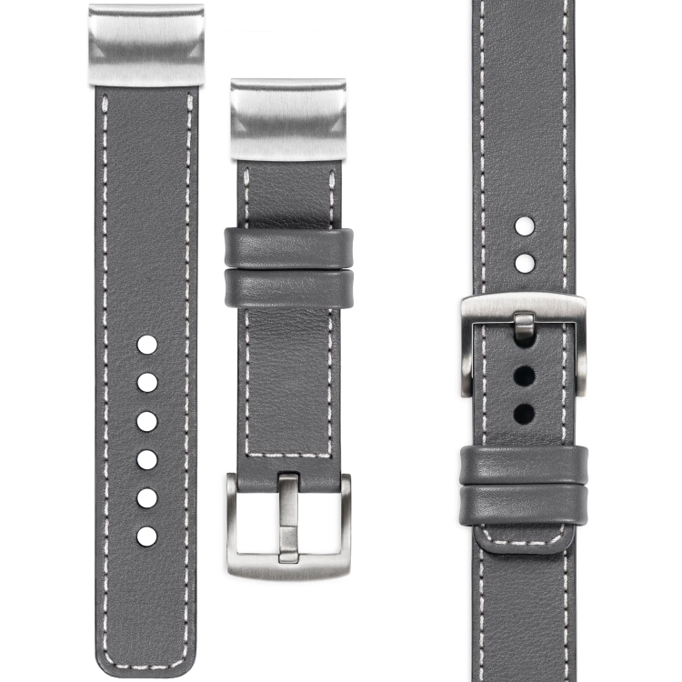 moVear Prestige C1 Lederarmband für Garmin QuickFit 26mm (Fenix / Epix / Quatix / Tactix / Enduro - 51mm) Grau, Grau Nähte [Größen XS-XXL und Schnalle zur Auswahl]