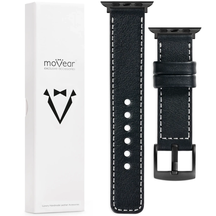 moVear Prestige C1 20mm Black Leather strap for Apple Watch 10 / 9 / 8 / 7 / 6 / 5 / 4 / SE (46/45/44mm) & Ultra (49mm) | Black stitching [sizes XS-XXL and buckle to choose from]