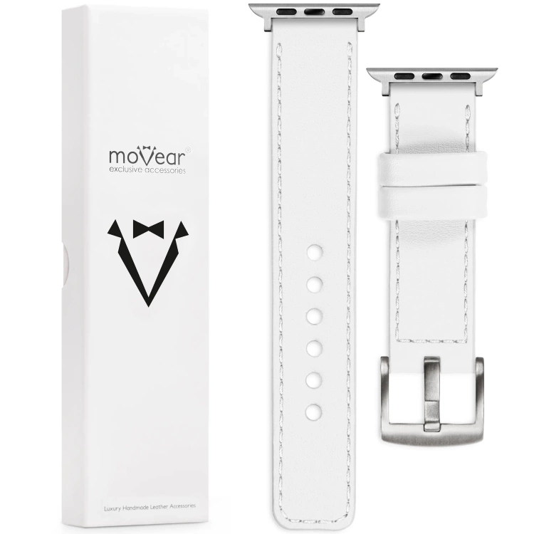 moVear Prestige C1 20mm Weiß Lederarmband für Apple Watch 10 / 9 / 8 / 7 / 6 / 5 / 4 / SE (42/41/40mm) | Weiß Nähte [Größen XS-XXL und Schnalle zur Auswahl]