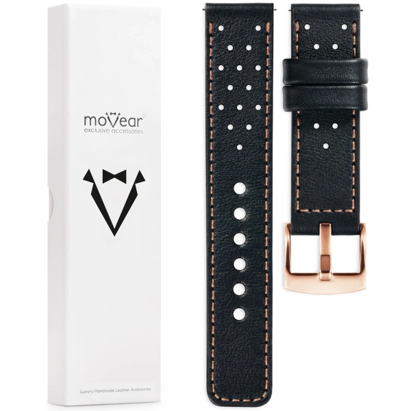 moVear Prestige R2 18mm Uhrenarmband aus Leder | Schwarz, Schwarz Nähte [Größen XS-XXL und Schnalle zur Auswahl]