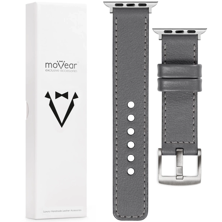moVear Prestige C1 22mm Grau Lederarmband für Apple Watch 10 / 9 / 8 / 7 / 6 / 5 / 4 / SE (42/41/40mm) | Grau Nähte [Größen XS-XXL und Schnalle zur Auswahl]