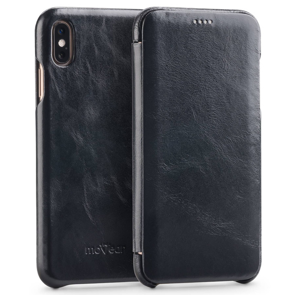 moVear flipSide S Ledertasche für Apple iPhone Xs MAX (6.5") | Glatte Leder, Handy Hülle book type (Schwarz)