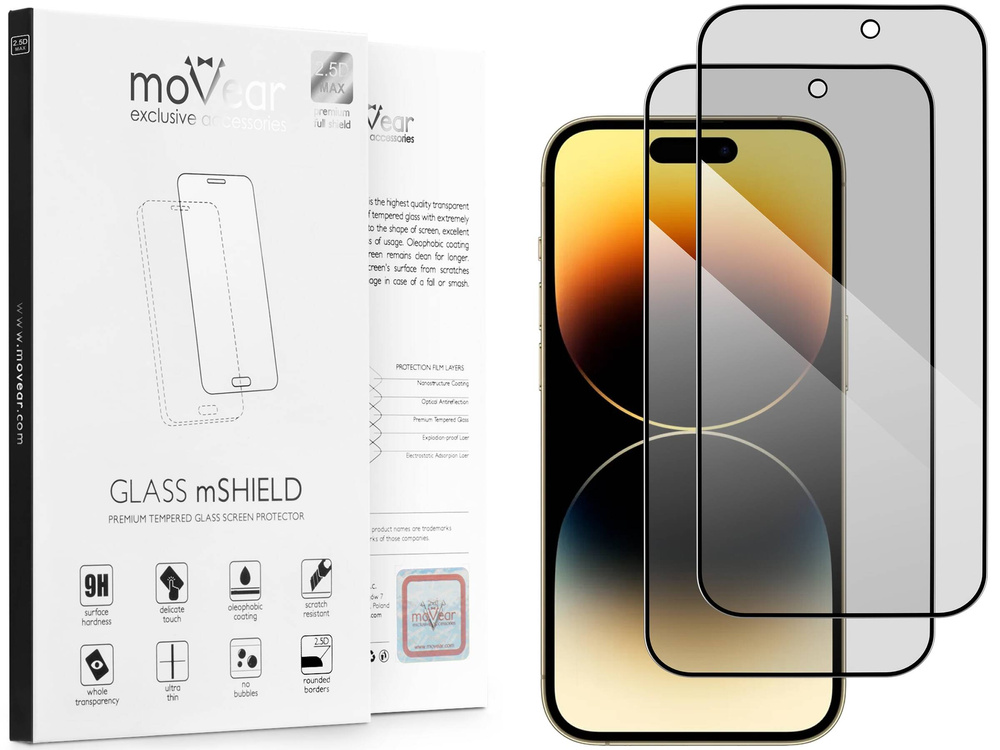2 Stk. | moVear GLASS mSHIELD 2.5D MAX privacy für Apple iPhone 14 Pro (6.1") | (Privatisierung, Handyhülle freundlich)