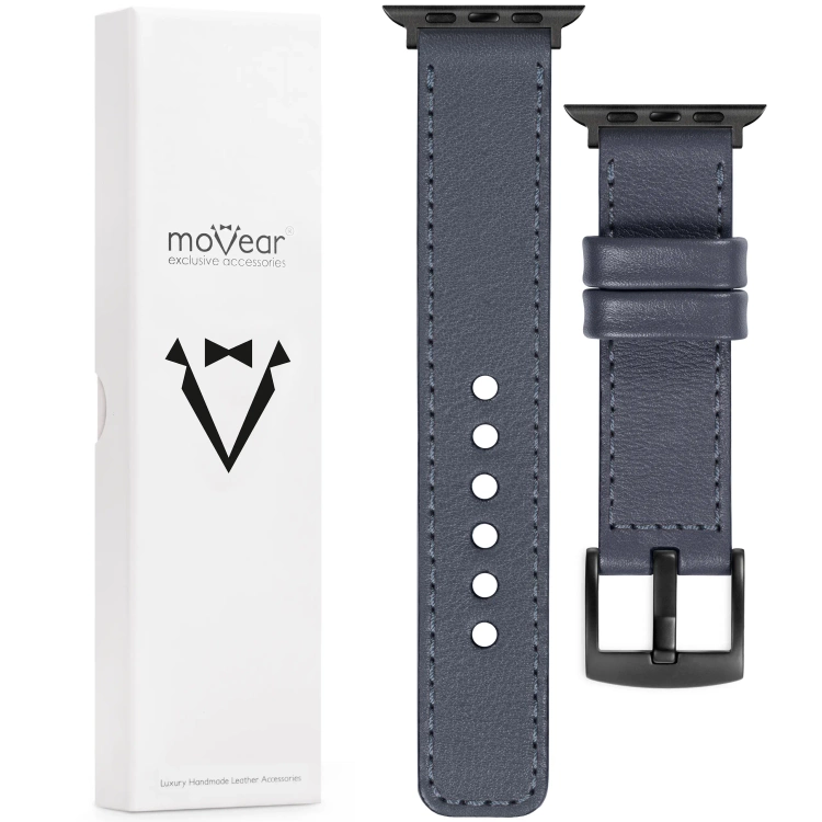 moVear Prestige C1 22mm Stahlgrau Lederarmband für Apple Watch 10 / 9 / 8 / 7 / 6 / 5 / 4 / SE (42/41/40mm) | Stahlgrau Nähte [Größen XS-XXL und Schnalle zur Auswahl]