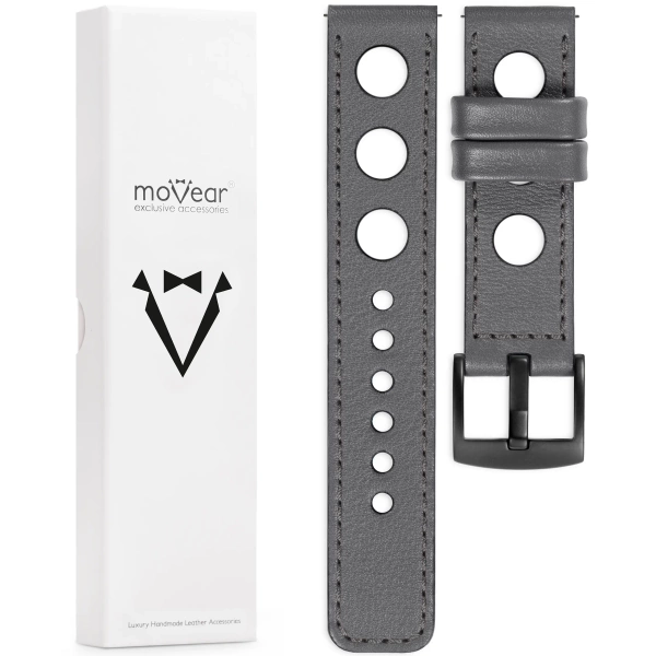 moVear Prestige R1 20mm Grau Lederarmband für Garmin Vivoactive 5/3, Vivomove 3, Venu 2 | Grau Nähte [Größen XS-XXL und Schnalle zur Auswahl]