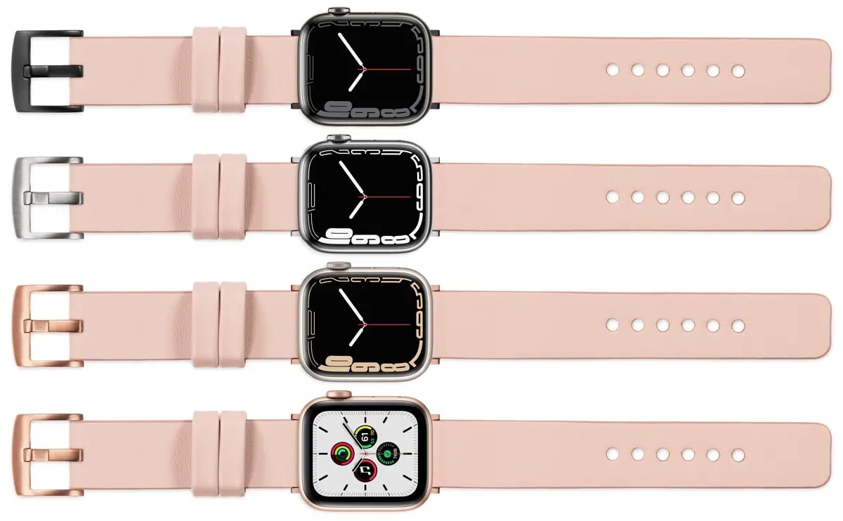 moVear Prestige S1 20mm Lederarmband für Apple Watch 10 / 9 / 8 / 7 / 6 / 5 / 4 / SE (46/45/44mm) & Ultra (49mm) Fleisch rosa [Adapter und Schnalle zur Auswahl]