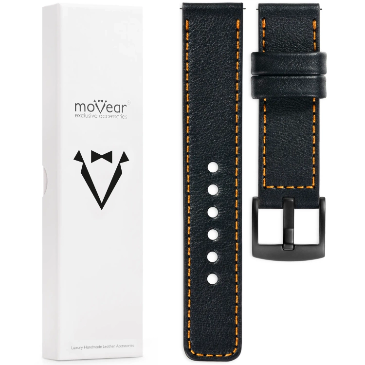 moVear Prestige C1 24mm Uhrenarmband aus Leder | Schwarz, Schwarz Nähte [Größen XS-XXL und Schnalle zur Auswahl]