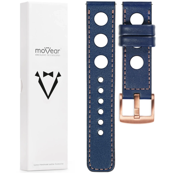 moVear Prestige R1 20mm Navy blau Lederarmband für Samsung Galaxy Watch 7 / 6 / 5 / 4 / 3 & Pro / FE / Classic / Active | Navy blau Nähte [Größen XS-XXL und Schnalle zur Auswahl]