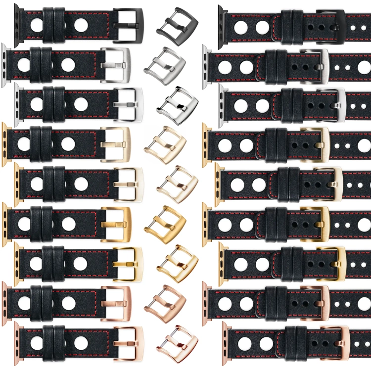 moVear Prestige R1 22mm Schwarz Lederarmband für Apple Watch 10 / 9 / 8 / 7 / 6 / 5 / 4 / SE (42/41/40mm) | Schwarz Nähte [Größen XS-XXL und Schnalle zur Auswahl]