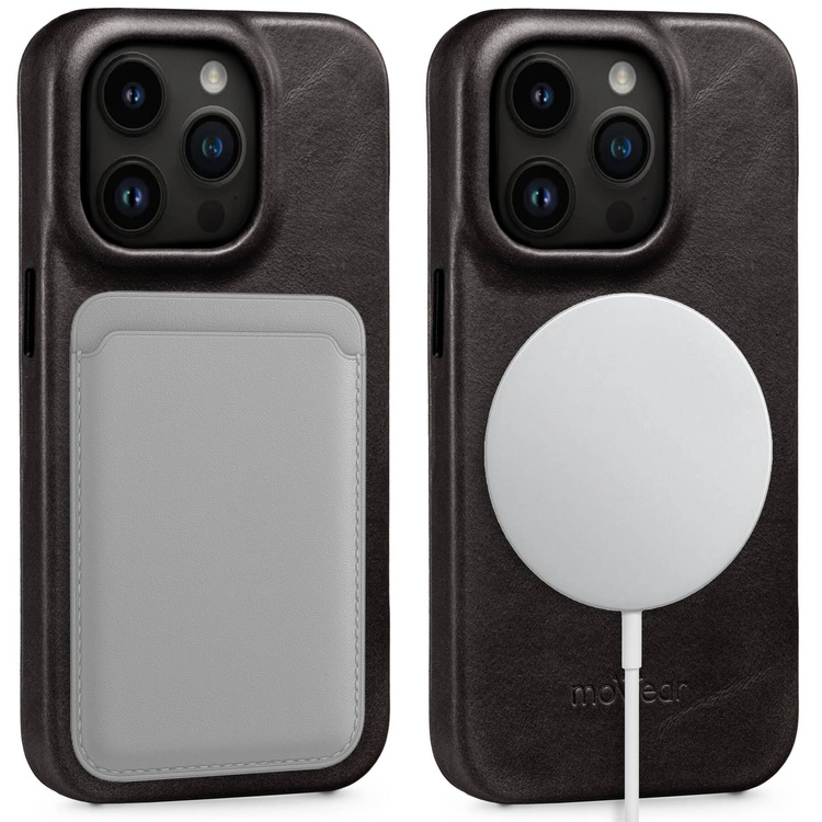 moVear flipSide 4S Ledertasche für Apple iPhone 14 Pro (6.1") | Glatte Leder, Handy Hülle book type (Schwarz)