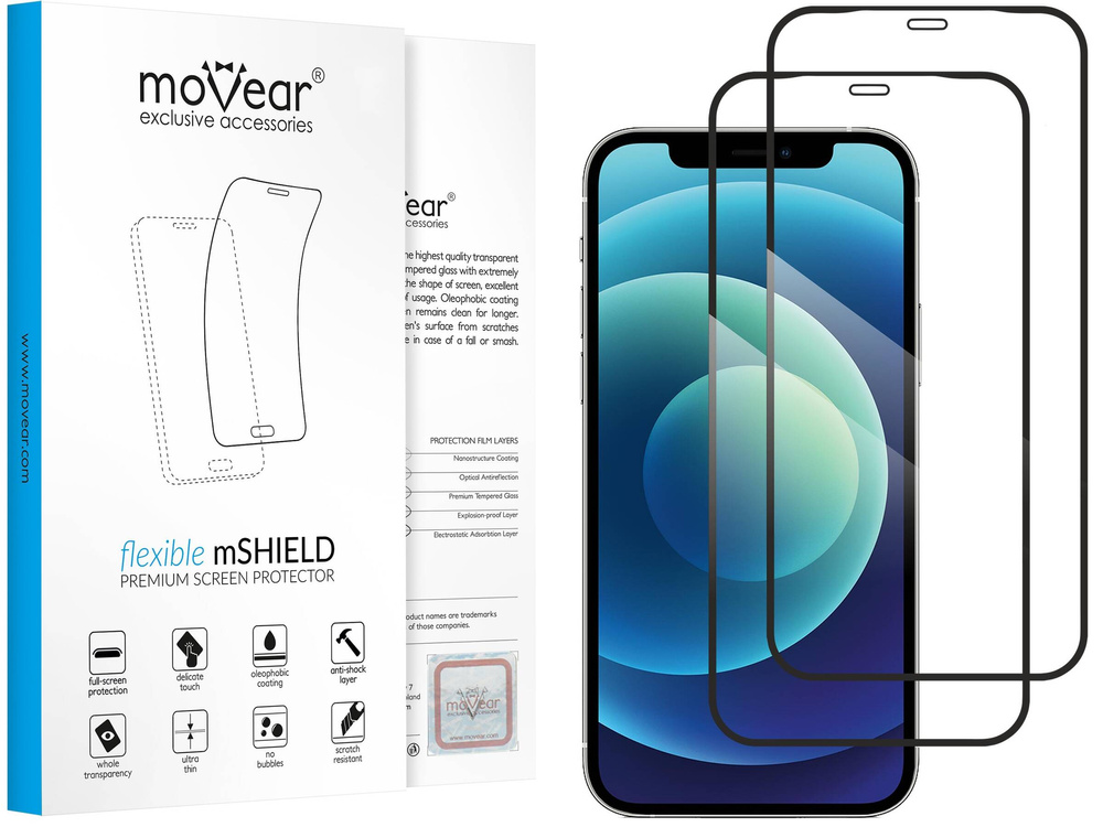 2 Stk. | moVear flexible mSHIELD 2D für Apple iPhone 12 Pro / 12 (6.1"). Gepanzertes Hybridglas.