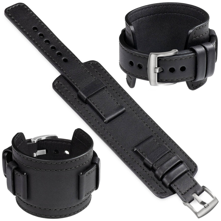 moVear Prestige CW1 19mm Breites Lederarmband mit Polster | Schwarz, Schwarz Nähte [Größen XS-XXL und Schnalle zur Auswahl]