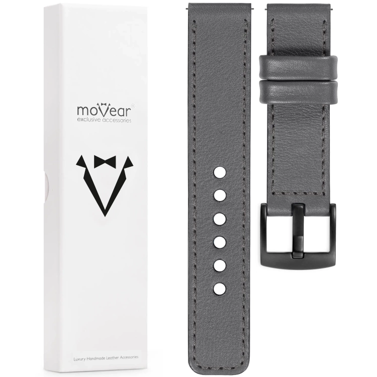 moVear Prestige C1 22mm Grau Lederarmband für Garmin Vivoactive 4, Venu 3/2 | Grau Nähte [Größen XS-XXL und Schnalle zur Auswahl]