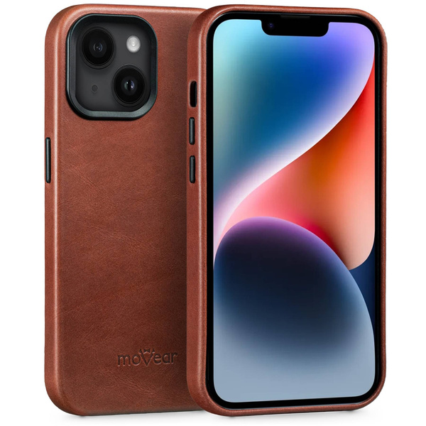 moVear [PRODUCT_MODEL] Leather back cover for Apple iPhone 14 (6,1") | MagSafe compatible, Natural oiled leather (Auburn brown)