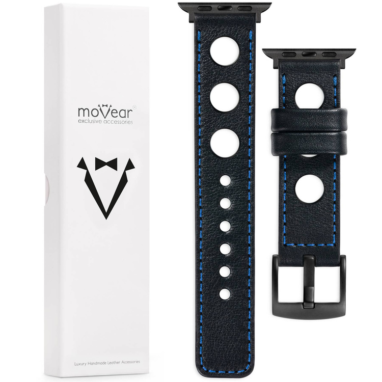 moVear Prestige R1 20mm Black Leather strap for Apple Watch 8 / 7 / 6 / 5 / 4 / SE (45/44mm) & Ultra (49mm) | Black stitching [size and buckle to choose from]
