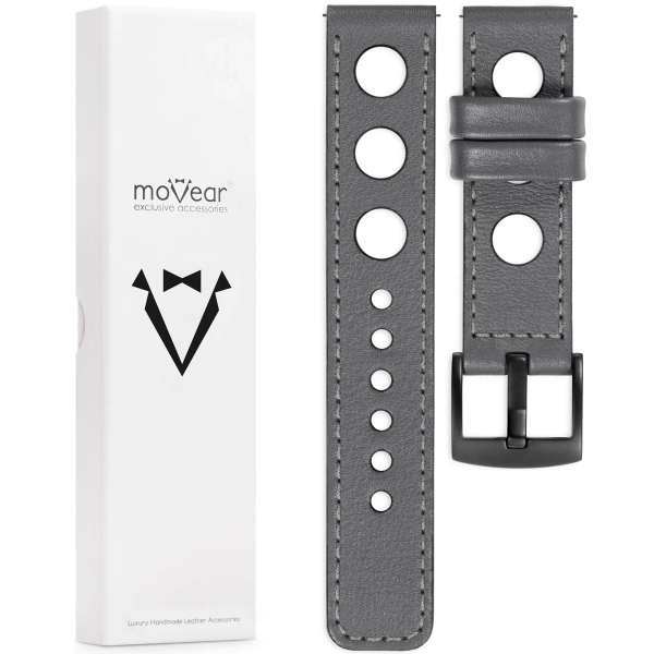 moVear Prestige R1 22mm Gray Leather strap for Samsung Galaxy Watch 3 (45mm) / Watch (46mm) / Gear S3 | Gray stitching [sizes XS-XXL and buckle to choose from]