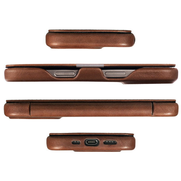 moVear flipSide 4C Leder Handyhülle für Apple iPhone 16 Pro (6.3") | Naturgeöltes Leder (Dunkelbraun)