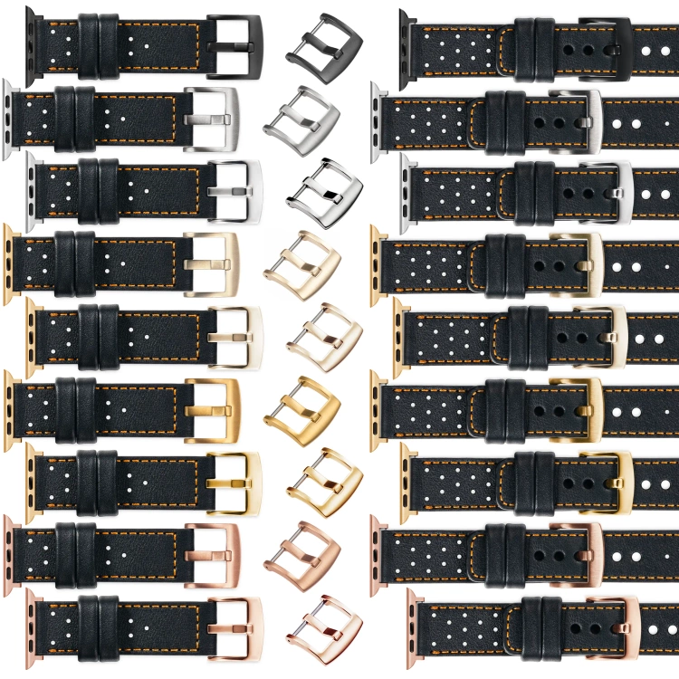 moVear Prestige R2 20mm Schwarz Lederarmband für Apple Watch 10 / 9 / 8 / 7 / 6 / 5 / 4 / SE (42/41/40mm) | Schwarz Nähte [Größen XS-XXL und Schnalle zur Auswahl]