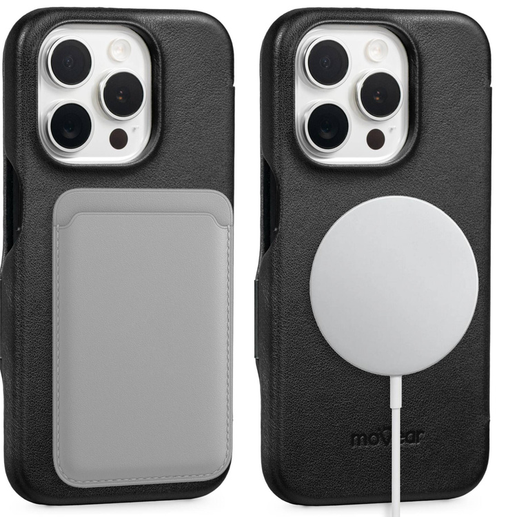 moVear flipSide 4C Leder Handyhülle für Apple iPhone 15 Pro (6.1") | Glattleder (Schwarz)