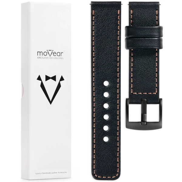 moVear Prestige C1 22mm Black Leather strap for Samsung Galaxy Watch 3 (45mm) / Watch (46mm) / Gear S3 | Black stitching [sizes XS-XXL and buckle to choose from]