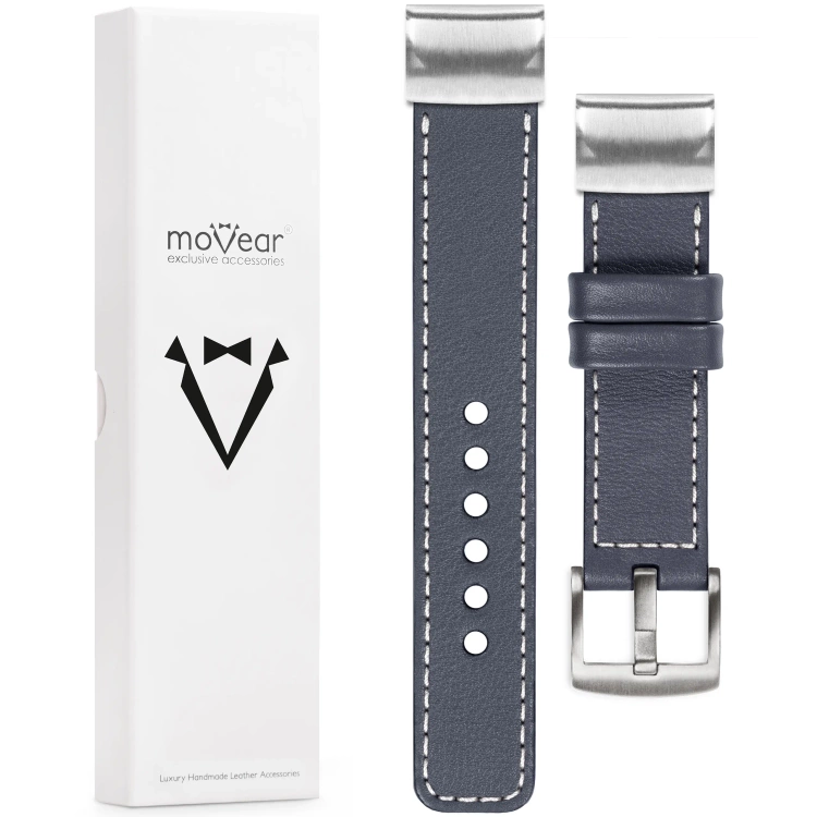 moVear Prestige C1 Lederarmband für Garmin QuickFit 26mm (Fenix / Epix / Quatix / Tactix / Enduro - 51mm) Stahlgrau, Stahlgrau Nähte [Größen XS-XXL und Schnalle zur Auswahl]