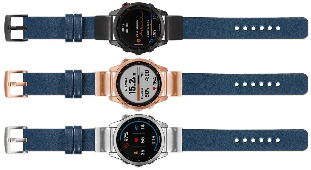 moVear Prestige S1 Lederarmband für Garmin QuickFit 22mm (Fenix / Forerunner / Epix / Instinct / Enduro / Quatix / MARQ - 47/45mm) Navy blau [Schließe nach Wahl]