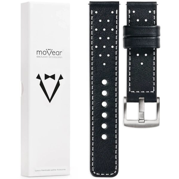 moVear Prestige R2 18mm Black Leather strap for Garmin Vivoactive 4S, Venu 3S/2S, Vívomove 3S | Black stitching [sizes XS-XXL and buckle to choose from]