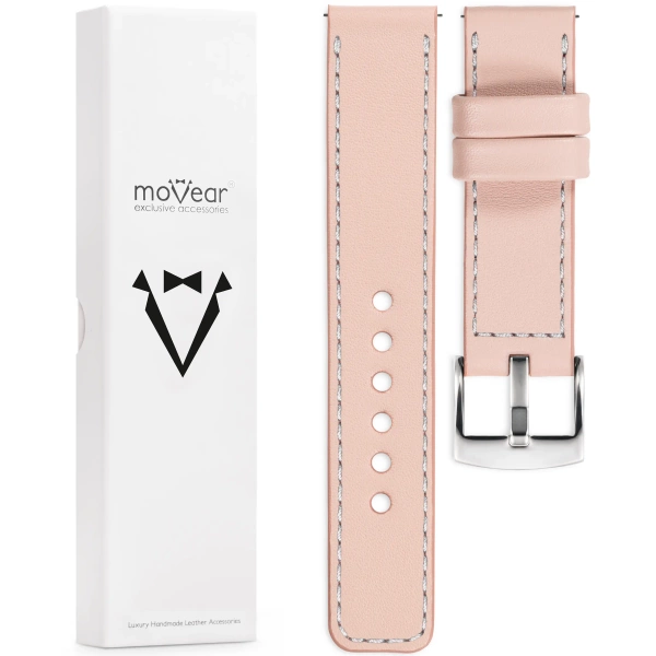 moVear Prestige C1 20mm leather watch strap | Flesh pink, Flesh pink stitching [sizes XS-XXL and buckle to choose from]