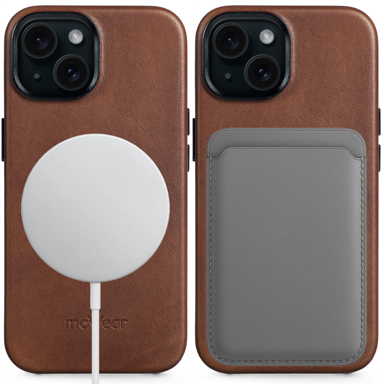 moVear [PRODUCT_MODEL] Leather back cover for Apple iPhone 15 (6,1") | MagSafe compatible, Natural oiled leather (Dark brown)