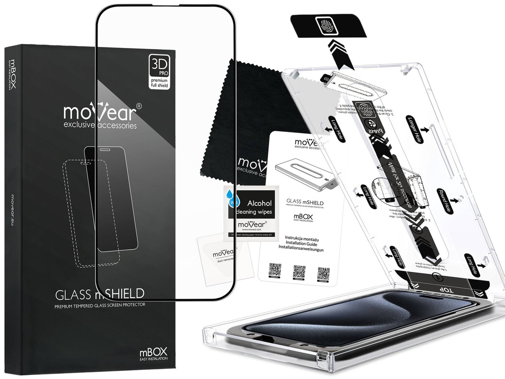 moVear mBOX GLASS mSHIELD 3D PRO für Apple iPhone 15 Pro Max (6.7") (einfache Installation)