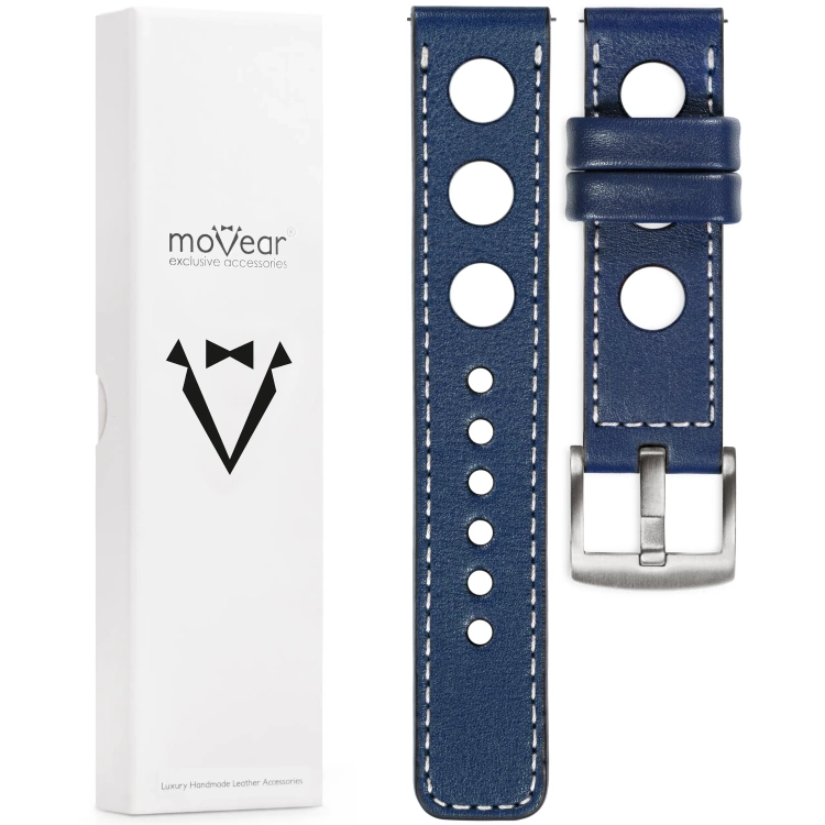 moVear Prestige R1 20mm Navy blue Leather strap for Samsung Galaxy Watch 7 / 6 / 5 / 4 / 3 & Pro / FE / Classic / Active | Navy blue stitching [sizes XS-XXL and buckle to choose from]