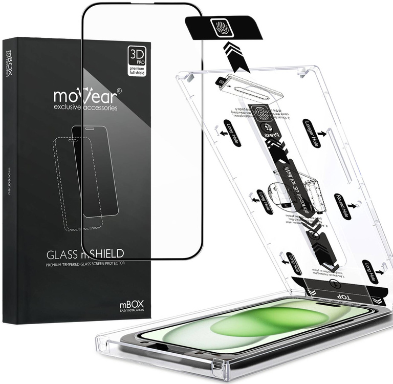moVear mBOX GLASS mSHIELD 3D PRO for Apple iPhone 16 Plus / 15 Plus (6.7") (easy installation)