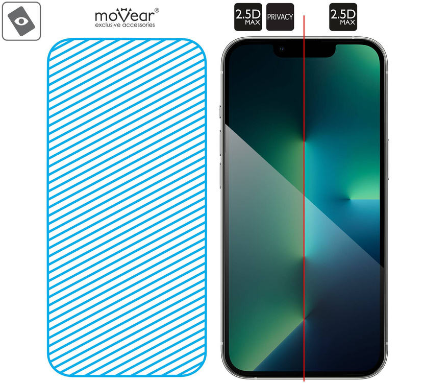 moVear mBOX GLASS mSHIELD 2.5D MAX privacy for Apple iPhone 16e / 14 / 13 / 13 Pro (6.1") (Anti spy, with Applicator)