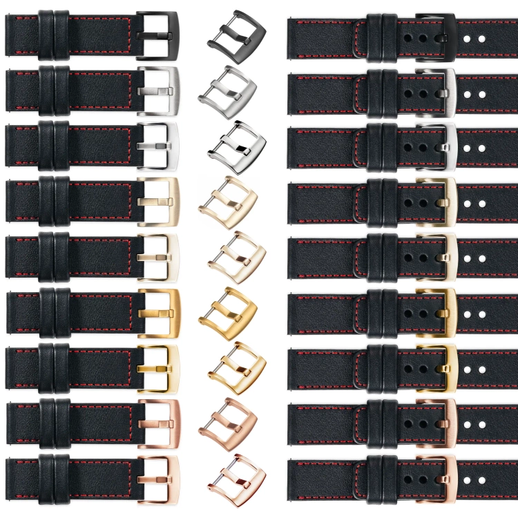moVear Prestige C1 18mm leather watch strap | Black, Black stitching [sizes XS-XXL and buckle to choose from]