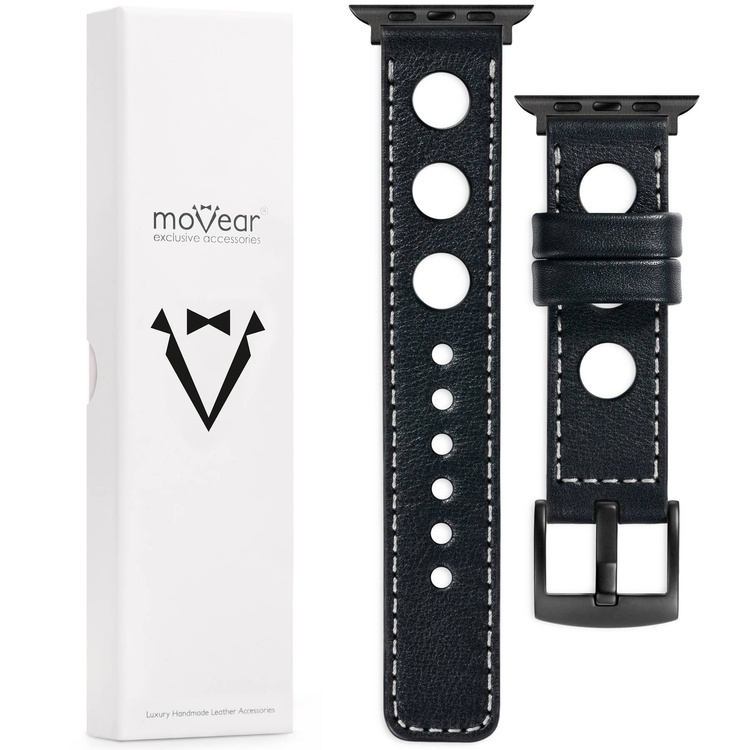 moVear Prestige R1 20mm Black Leather strap for Apple Watch 8 / 7 / 6 / 5 / 4 / SE (45/44mm) & Ultra (49mm) | Black stitching [size and buckle to choose from]