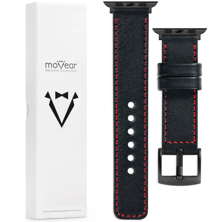 moVear Prestige C1 22mm Schwarz Lederarmband für Apple Watch 10 / 9 / 8 / 7 / 6 / 5 / 4 / SE (42/41/40mm) | Schwarz Nähte [Größen XS-XXL und Schnalle zur Auswahl]