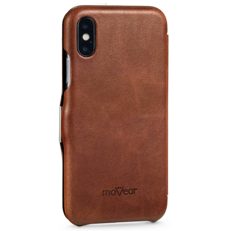 moVear flipSide C Leder Handyhülle für Apple iPhone Xs / X (5.8") | Naturgeöltes Leder (Dunkelbraun)
