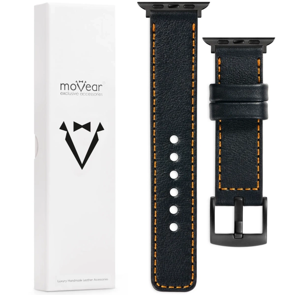 moVear Prestige C1 22mm Black Leather strap for Apple Watch 10 / 9 / 8 / 7 / 6 / 5 / 4 / SE (42/41/40mm) | Black stitching [sizes XS-XXL and buckle to choose from]