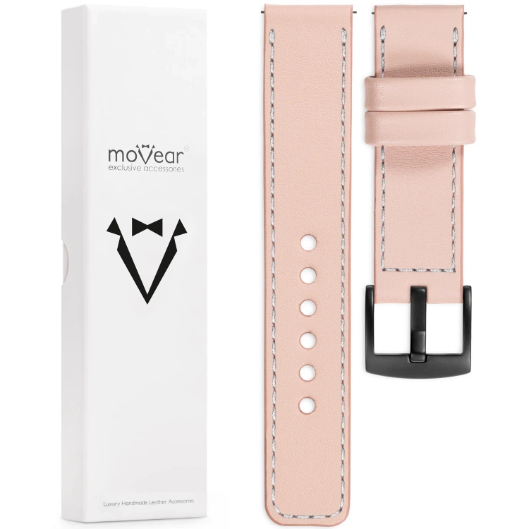 moVear Prestige C1 20mm Flesh pink Leather strap for Samsung Galaxy Watch 7 / 6 / 5 / 4 / 3 & Pro / FE / Classic / Active | Flesh pink stitching [sizes XS-XXL and buckle to choose from]
