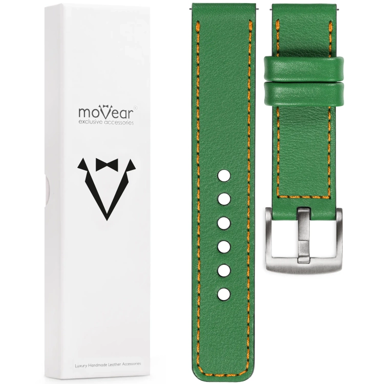 moVear Prestige C1 26mm Uhrenarmband aus Leder | Grün, Grün Nähte [Größen XS-XXL und Schnalle zur Auswahl]