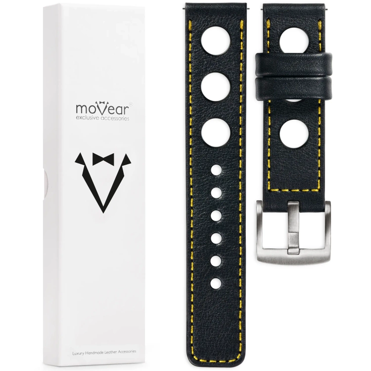 moVear Prestige R1 20mm leather watch strap | Black, Black stitching [sizes XS-XXL and buckle to choose from]