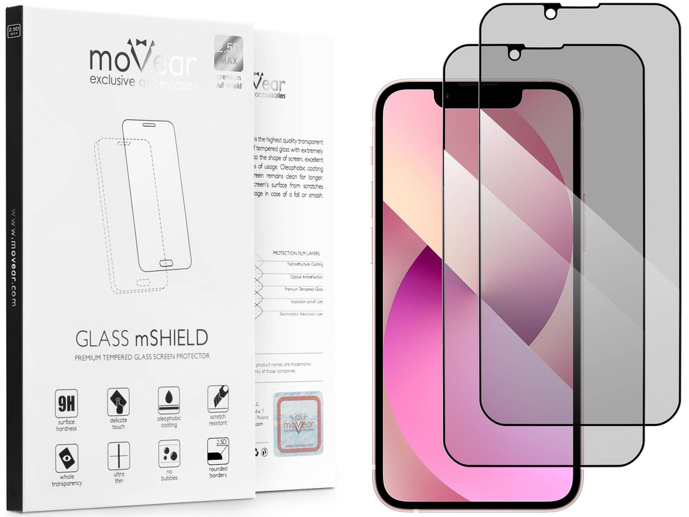 2 Stk. | moVear GLASS mSHIELD 2.5D MAX privacy für Apple iPhone 13 Mini (5.4") | (Privatisierung, Handyhülle freundlich)