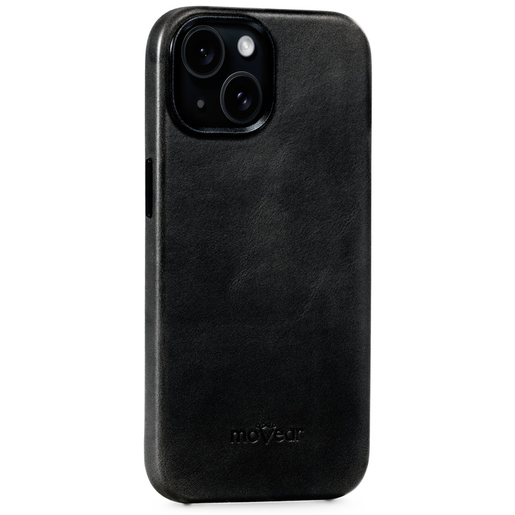 moVear [PRODUCT_MODEL] Leather back cover for Apple iPhone 15 (6,1") | MagSafe compatible, Natural oiled leather (Black)
