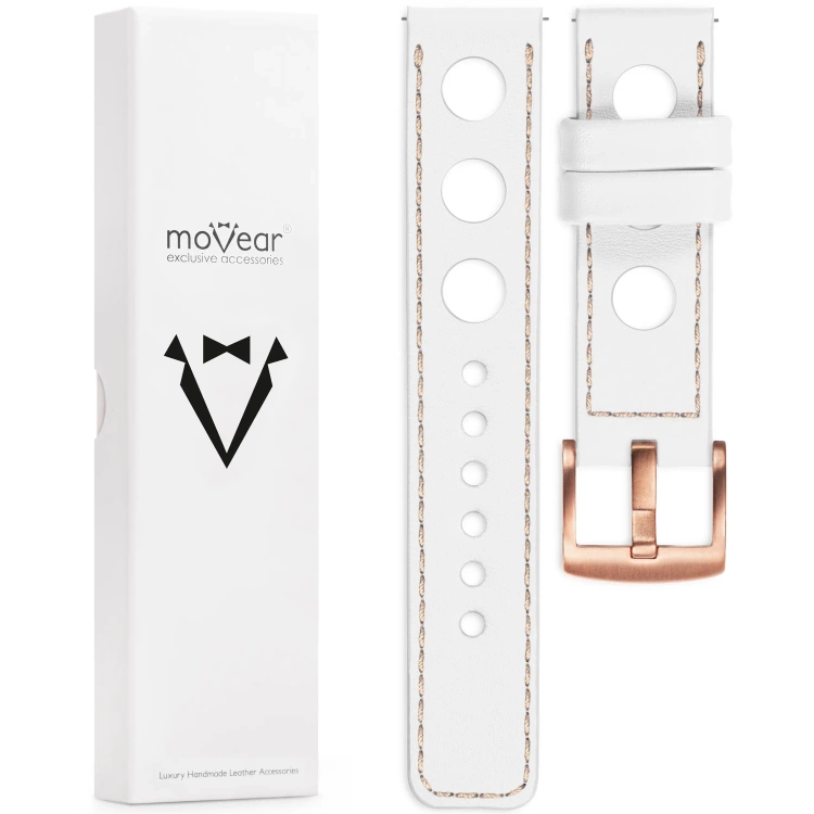 moVear Prestige R1 26mm Uhrenarmband aus Leder | Weiß, Weiß Nähte [Größen XS-XXL und Schnalle zur Auswahl]
