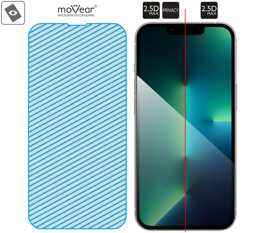moVear GLASS mSHIELD 2.5D MAX privacy für Apple iPhone 16e / 14 / 13 / 13 Pro (6.1") | (Privatisierung, Handyhülle freundlich)